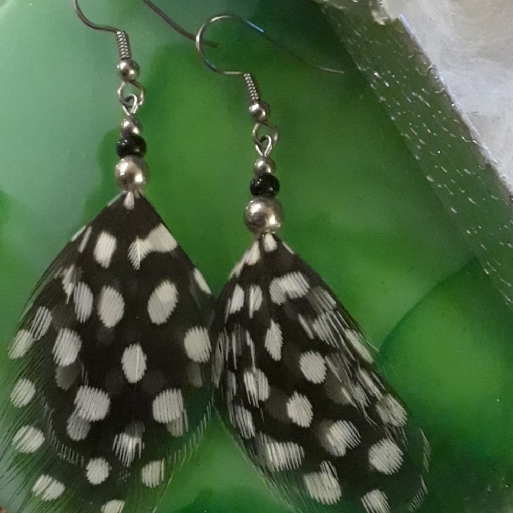 Black & White Polka Dot Feather Earrings